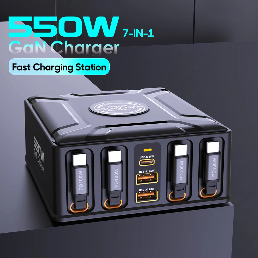 Station de recharge 7-en-1 GaN 550W avec câble USB-C rétractable 100W