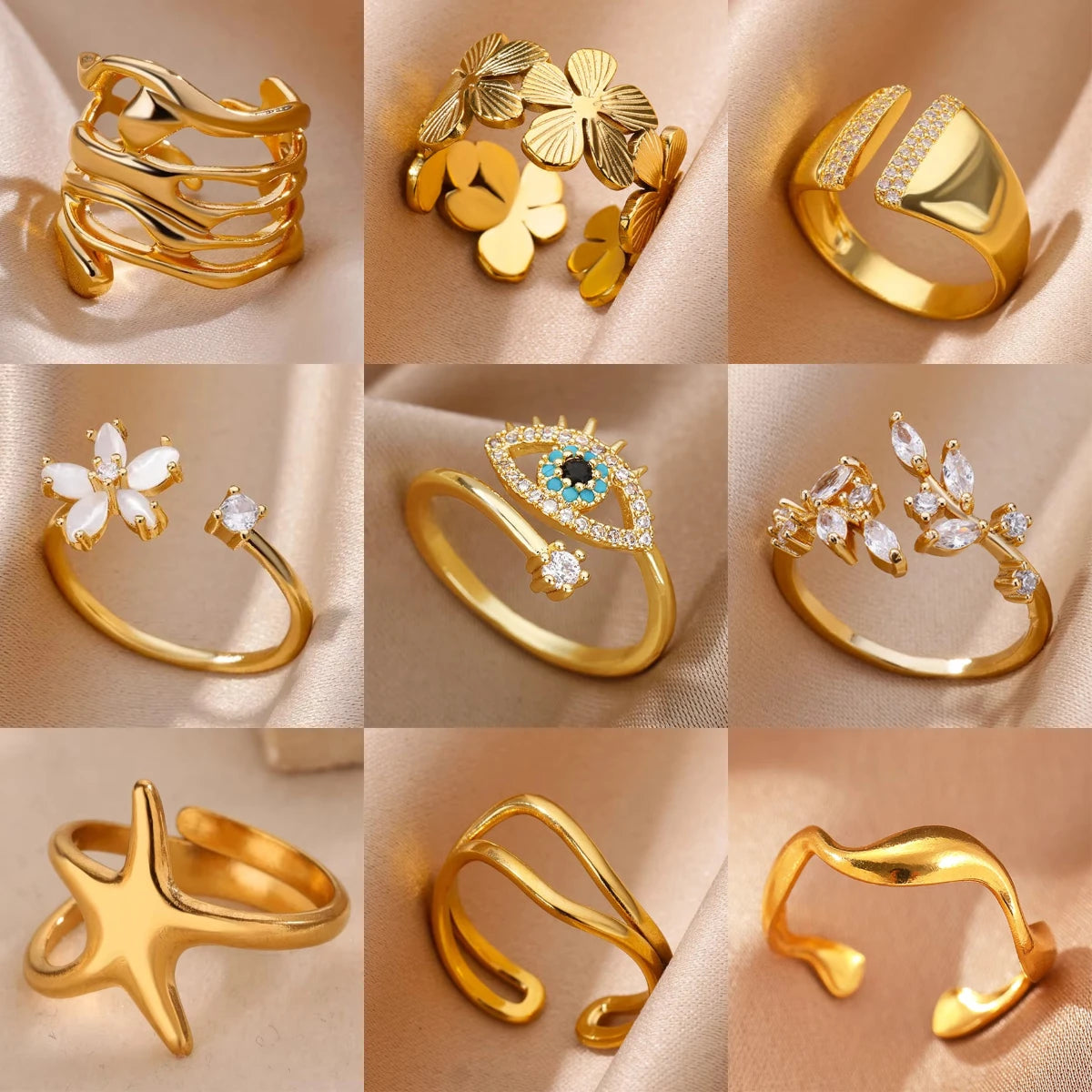 Bague Femme Géométrique en Acier Inoxydable – Zircon Œil Maléfique, Plaqué Or, Ajustable, Bijou Tendance