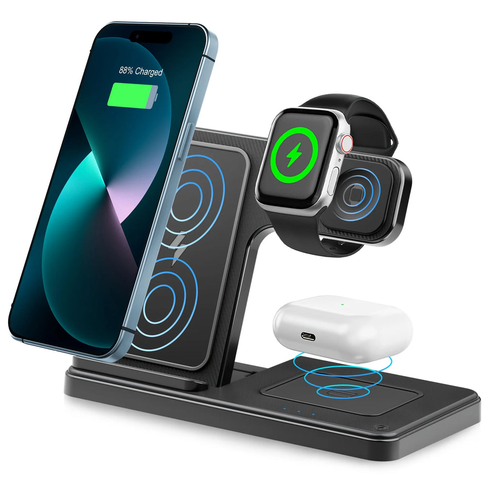 Station de Charge Sans Fil Magnétique 3-en-1 – 15W Charge Rapide pour iPhone, Apple Watch & AirPods