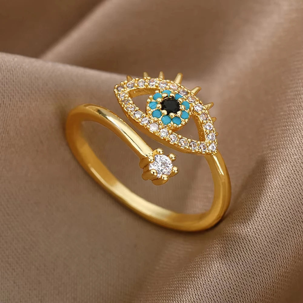 Bague Femme Géométrique en Acier Inoxydable – Zircon Œil Maléfique, Plaqué Or, Ajustable, Bijou Tendance