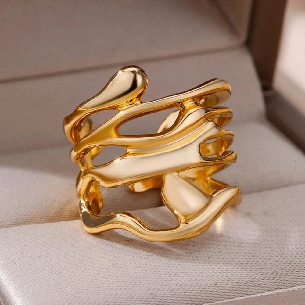 Bague Large Géométrique Acier Inoxydable doré – Style Vintage Minimaliste