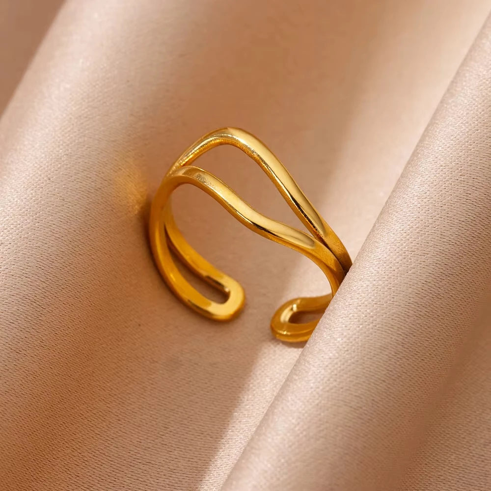 Bague Femme Géométrique en Acier Inoxydable – Zircon Œil Maléfique, Plaqué Or, Ajustable, Bijou Tendance