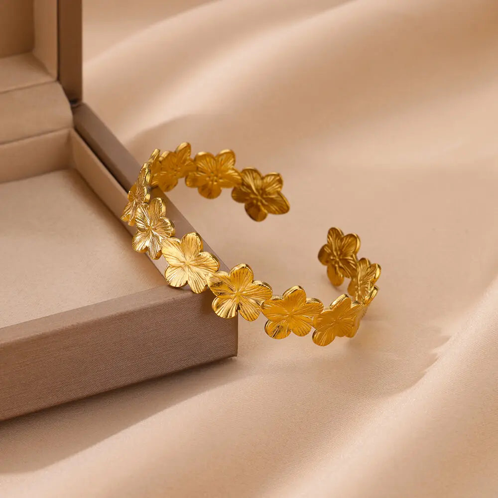 Bracelet Jonc Manchette Fleur – Acier Inoxydable Doré