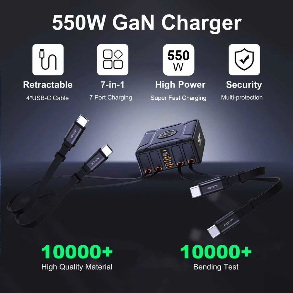 Station de recharge 7-en-1 GaN 550W avec câble USB-C rétractable 100W