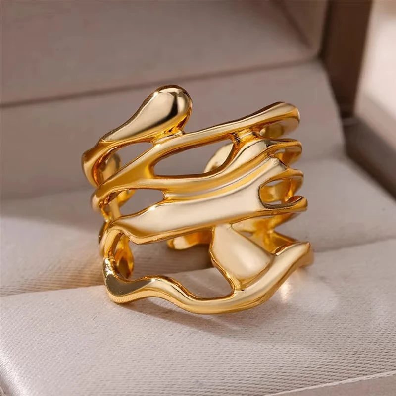 Bague Femme Géométrique en Acier Inoxydable – Zircon Œil Maléfique, Plaqué Or, Ajustable, Bijou Tendance