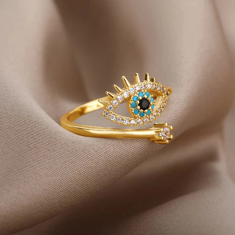 Bague Femme Géométrique en Acier Inoxydable – Zircon Œil Maléfique, Plaqué Or, Ajustable, Bijou Tendance