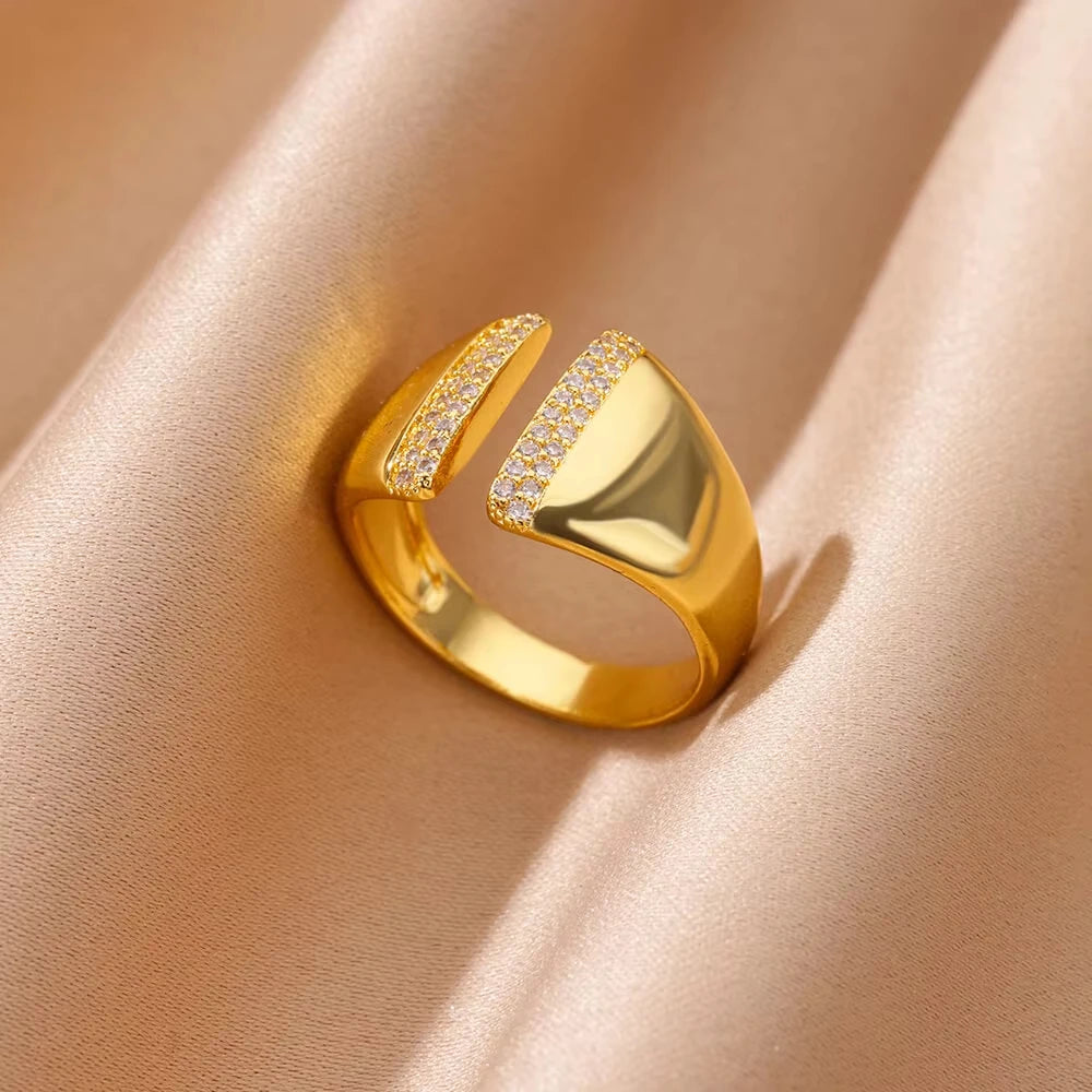 Bague Femme Géométrique en Acier Inoxydable – Zircon Œil Maléfique, Plaqué Or, Ajustable, Bijou Tendance