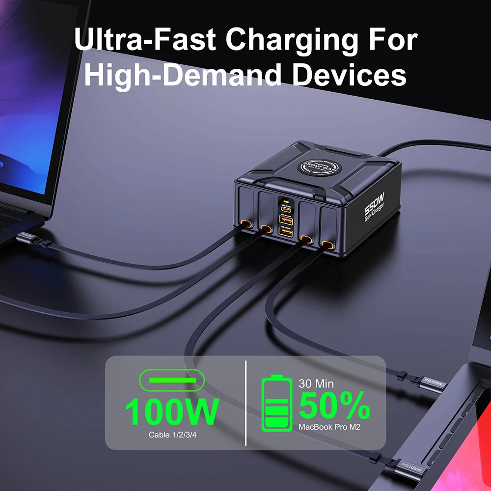 Station de recharge 7-en-1 GaN 550W avec câble USB-C rétractable 100W