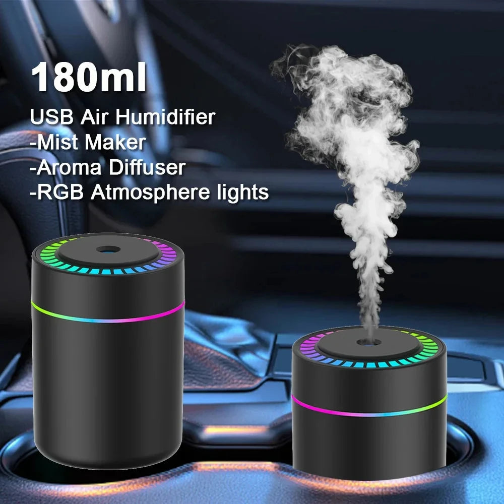 Mini Humidificateur USB 180ml – Diffuseur d'Arômes, Purificateur d'Air & Lumières LED pour Voiture, Bureau et Chambre