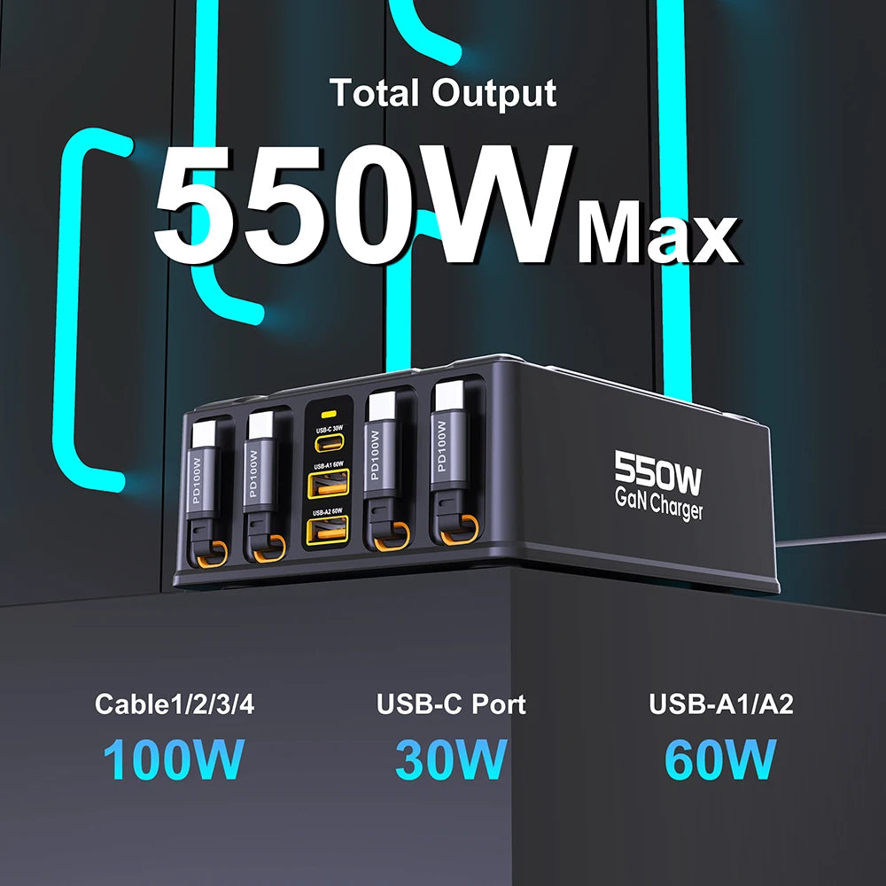Station de recharge 7-en-1 GaN 550W avec câble USB-C rétractable 100W