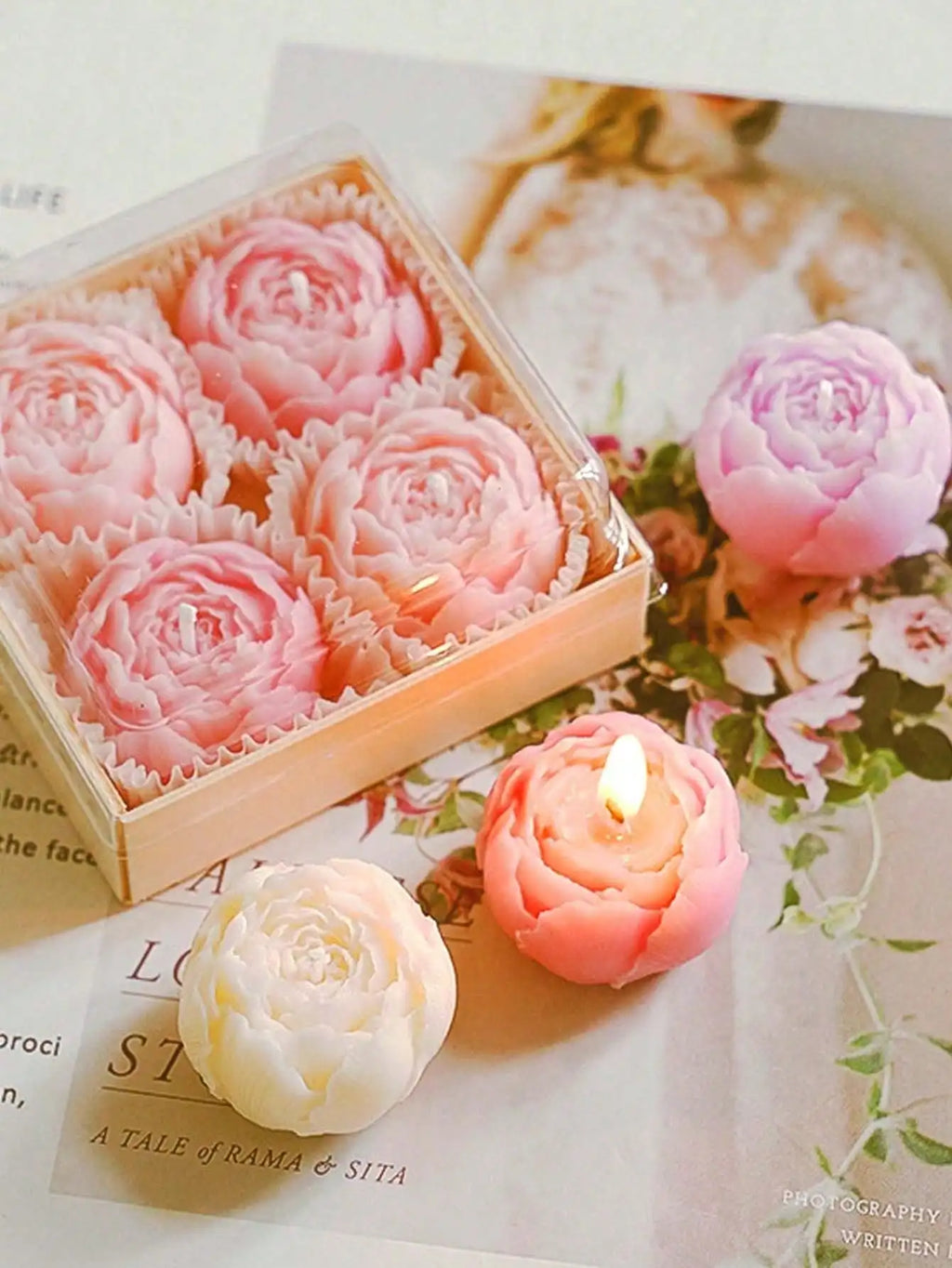 Coffret 4 Bougies Artisanales en Forme de Rose – Cire de Soja, Parfumées, Cadeau Saint-Valentin
