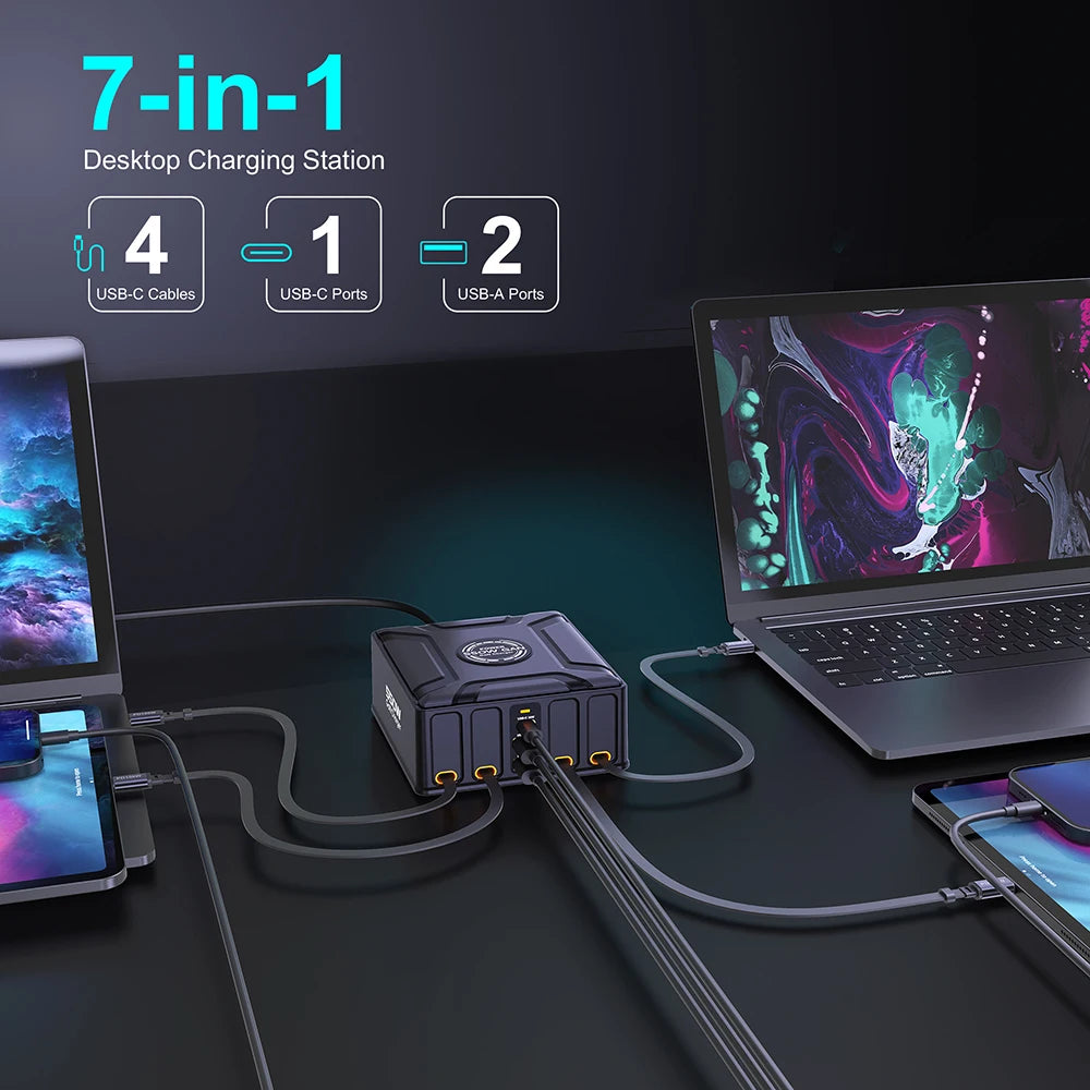 Station de recharge 7-en-1 GaN 550W avec câble USB-C rétractable 100W