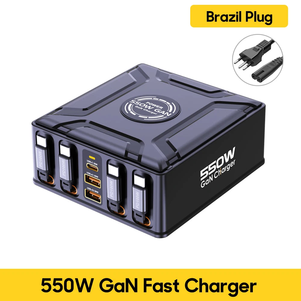 Station de recharge 7-en-1 GaN 550W avec câble USB-C rétractable 100W