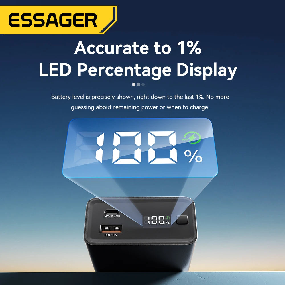 Batterie Externe 20000mAh 65W Charge Rapide – Essager | USB-C PD, Affichage LED