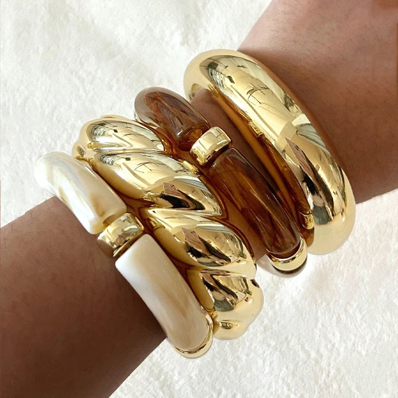 Lot de 4 Bracelets Joncs Résine Marron – Style Minimaliste Doré