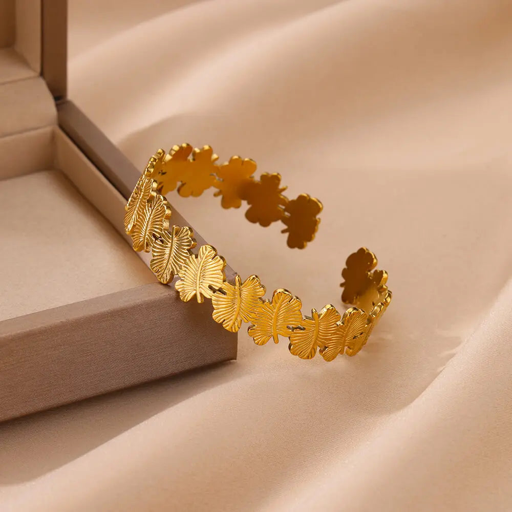 Bracelet Jonc Manchette Fleur – Acier Inoxydable Doré