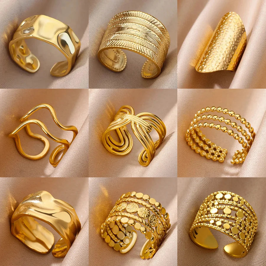 Bague Large Géométrique Acier Inoxydable doré – Style Vintage Minimaliste