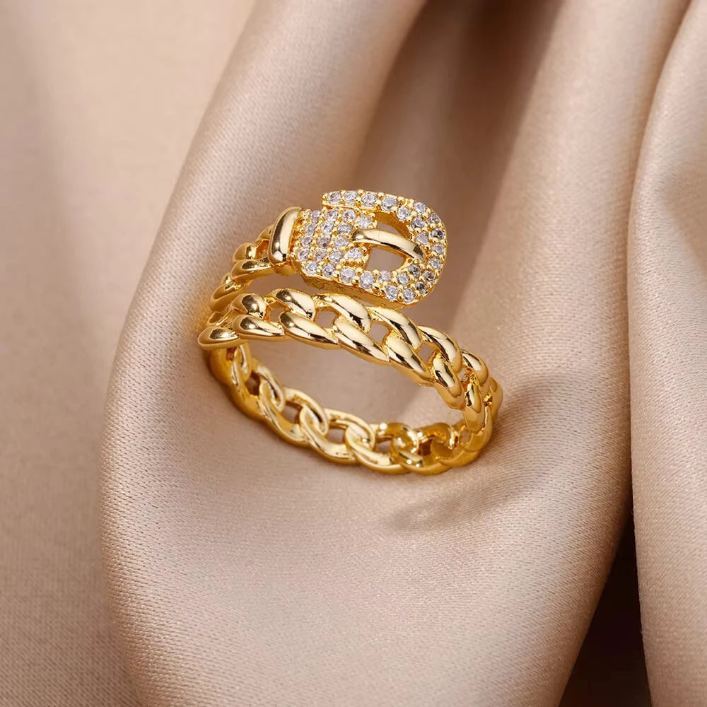 Bague Femme Géométrique en Acier Inoxydable – Zircon Œil Maléfique, Plaqué Or, Ajustable, Bijou Tendance