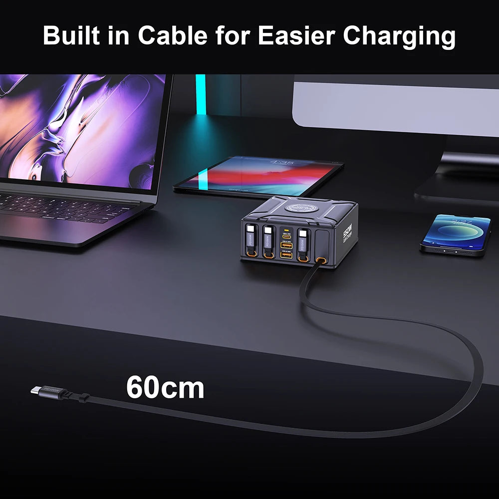 Station de recharge 7-en-1 GaN 550W avec câble USB-C rétractable 100W