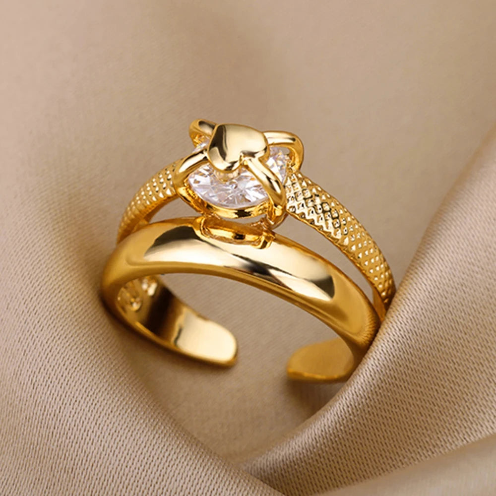 Bague Femme Géométrique en Acier Inoxydable – Zircon Œil Maléfique, Plaqué Or, Ajustable, Bijou Tendance