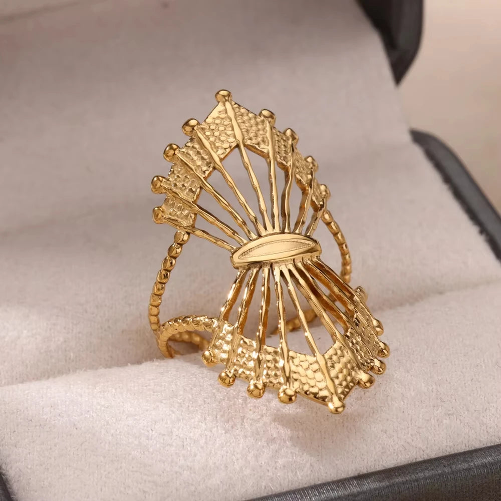 Bague Femme Géométrique en Acier Inoxydable – Zircon Œil Maléfique, Plaqué Or, Ajustable, Bijou Tendance