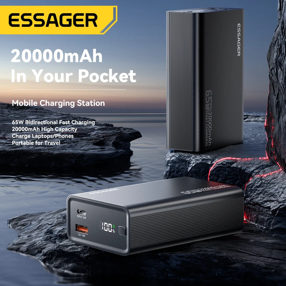 Batterie Externe 20000mAh 65W Charge Rapide – Essager | USB-C PD, Affichage LED