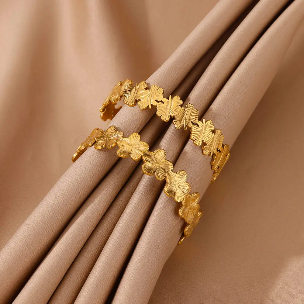 Bracelet Jonc Manchette Fleur – Acier Inoxydable Doré