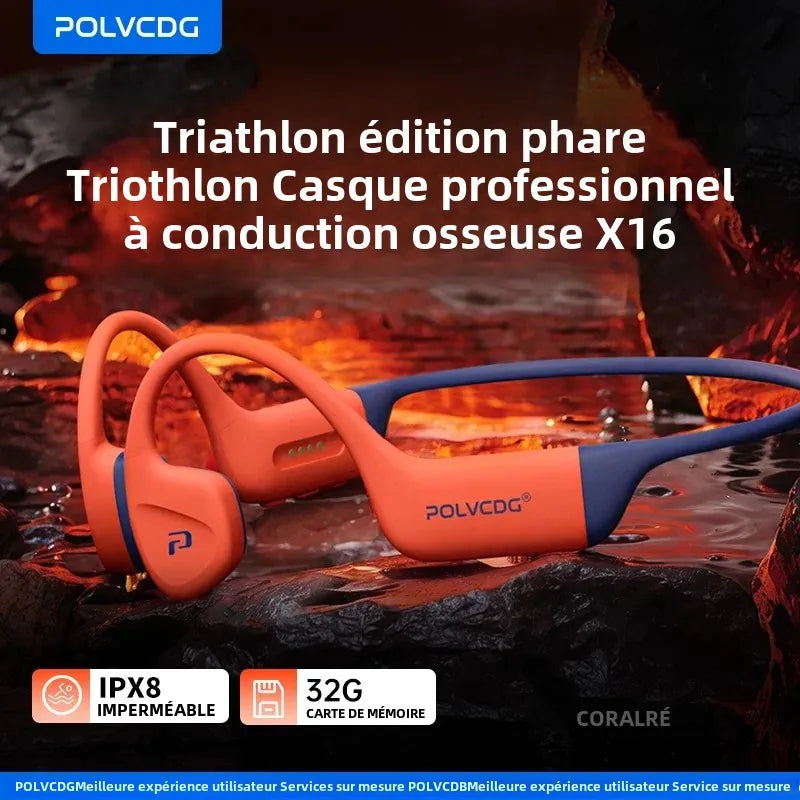 Écouteurs Nage Conduction Osseuse POLVCDG X16 – IPX8, 32Go | Triathlon & Natation