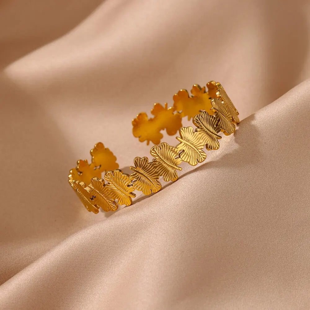 Bracelet Jonc Manchette Fleur – Acier Inoxydable Doré