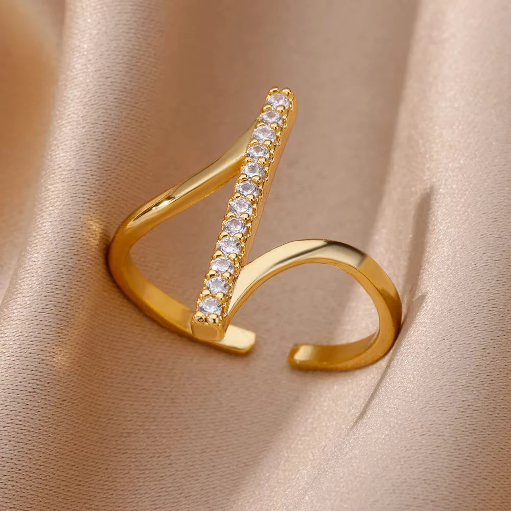 Bague Femme Géométrique en Acier Inoxydable – Zircon Œil Maléfique, Plaqué Or, Ajustable, Bijou Tendance