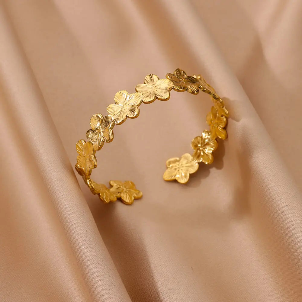 Bracelet Jonc Manchette Fleur – Acier Inoxydable Doré