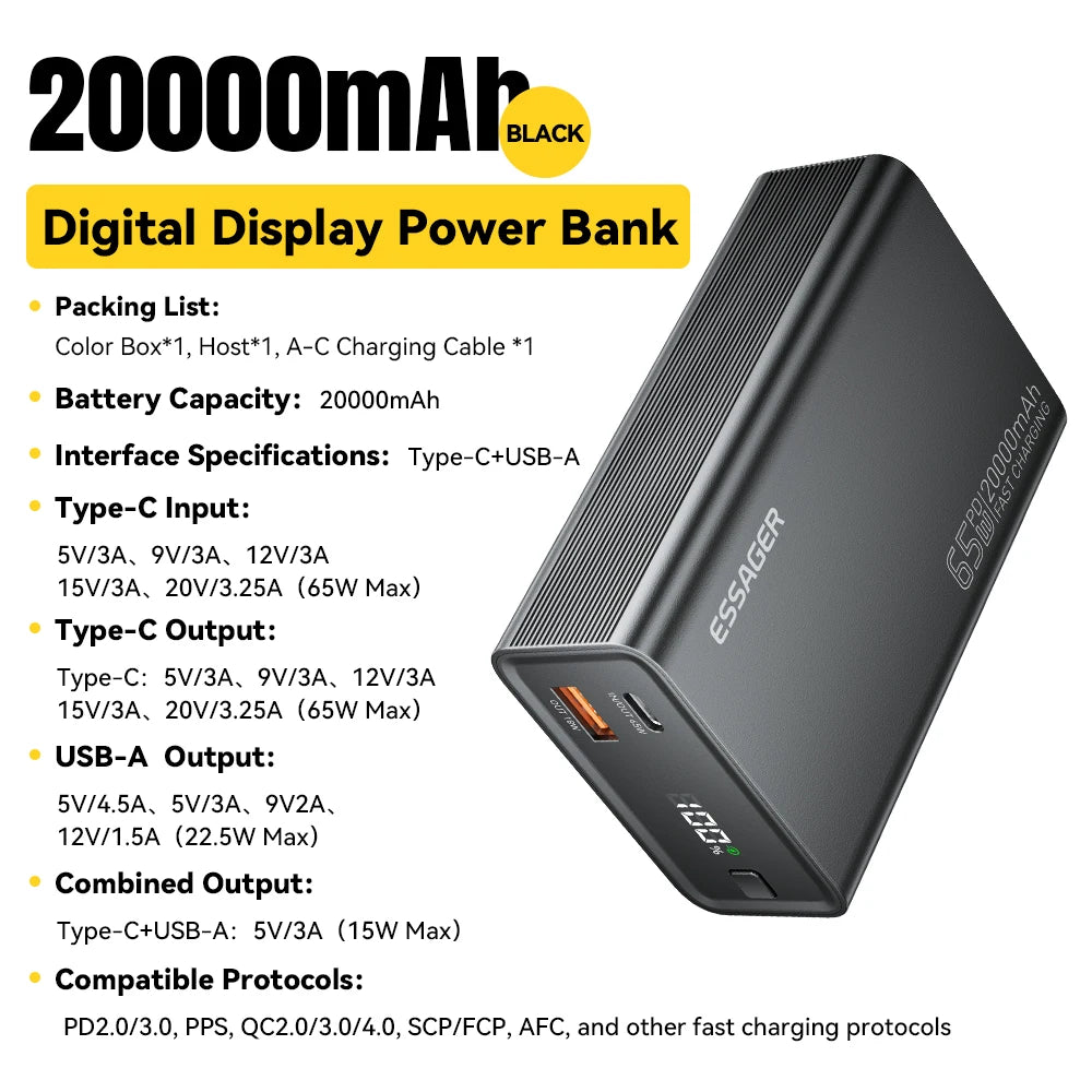 Batterie Externe 20000mAh 65W Charge Rapide – Essager | USB-C PD, Affichage LED