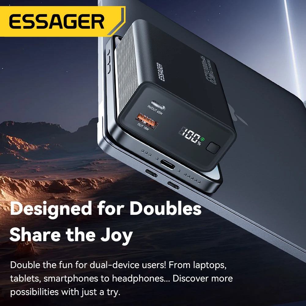 Batterie Externe 20000mAh 65W Charge Rapide – Essager | USB-C PD, Affichage LED