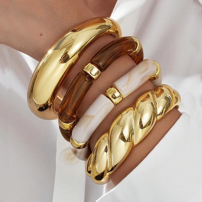 Lot de 4 Bracelets Joncs Résine Marron – Style Minimaliste Doré