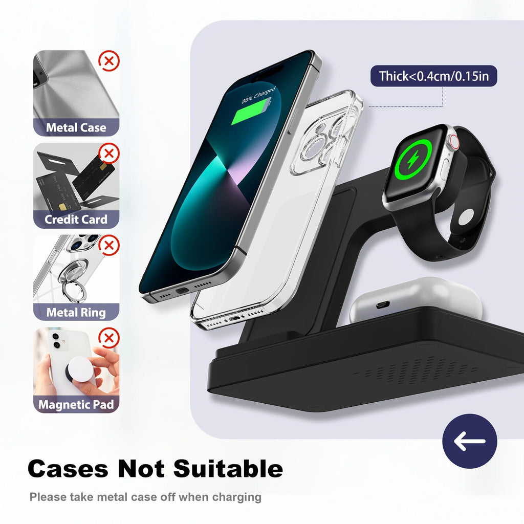 Station de Charge Sans Fil Magnétique 3-en-1 – 15W Charge Rapide pour iPhone, Apple Watch & AirPods