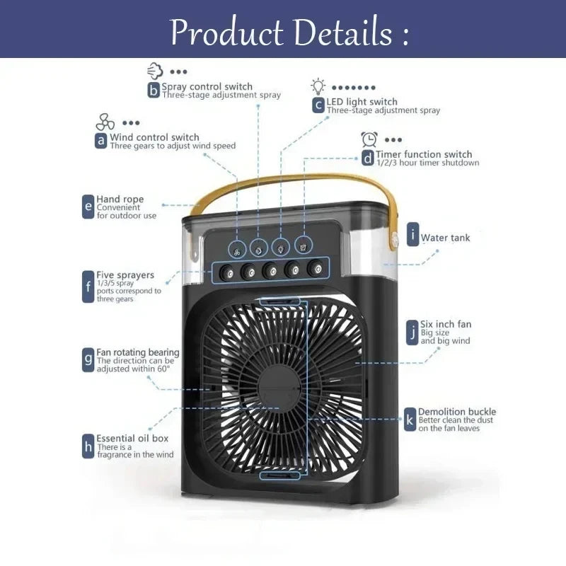 Ventilateur Climatiseur Portable 3-en-1 – Humidificateur & Veilleuse LED