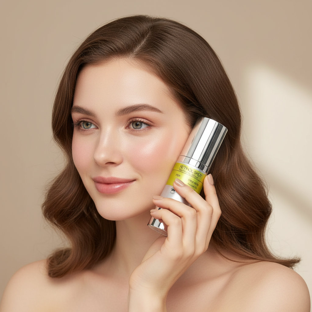 Femme européenne tenant le sérum Retinol Shot près de son visage