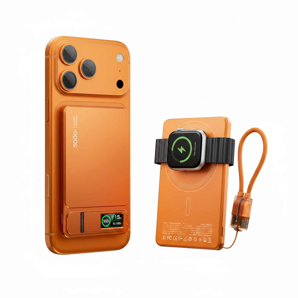 Batterie externe magnétique MagSafe orange compatible iPhone et Apple Watch sur fond blanc