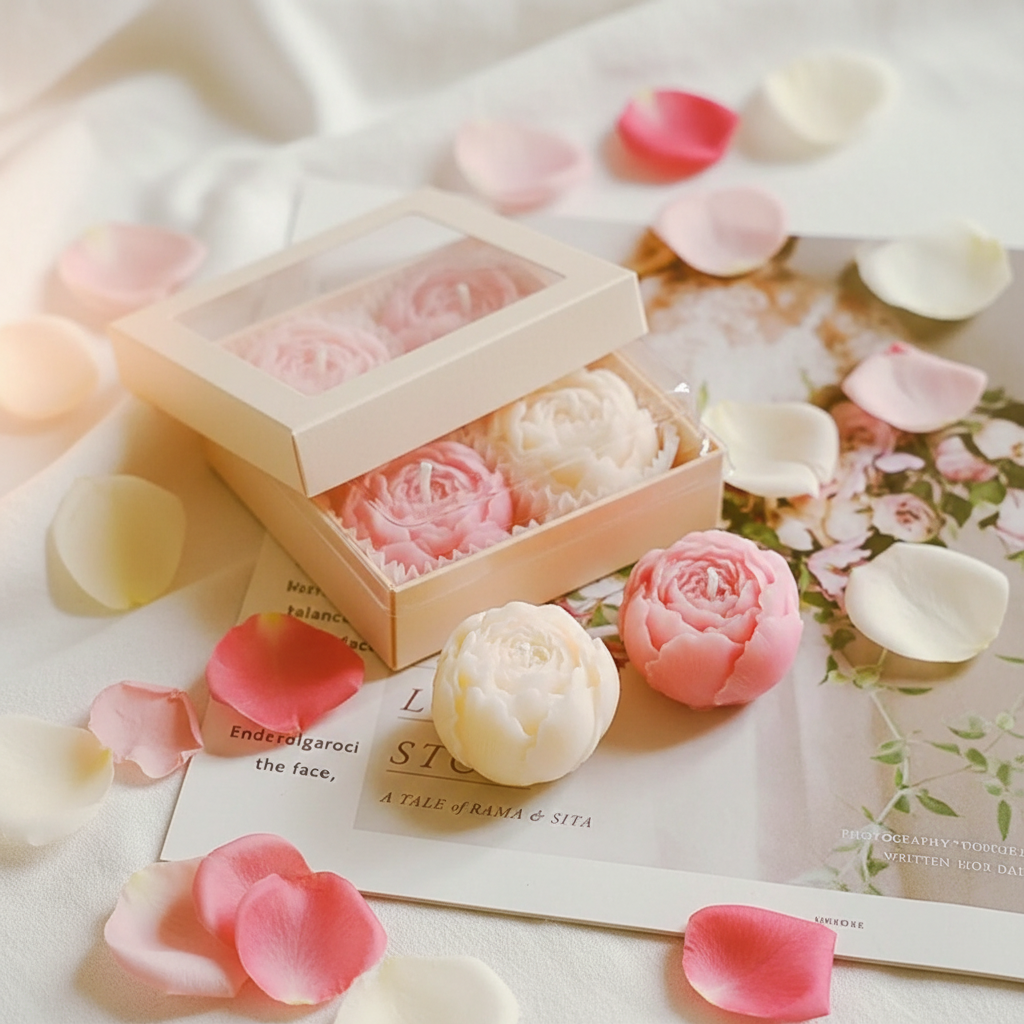Coffret 4 bougies artisanales en forme de rose – cire de soja parfumée