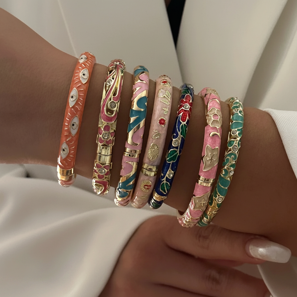 Bracelets joncs colorés émail floral portés au poignet sur fond blanc
