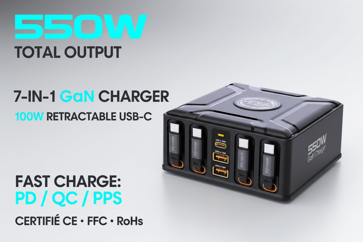 Station de recharge GaN 7-en-1 550W - visuel marketing avec fonctions clés