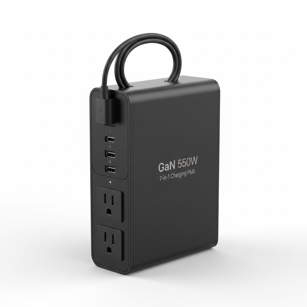 Station de recharge GaN 7-en-1 550W avec câble USB-C rétractable - design noir premium